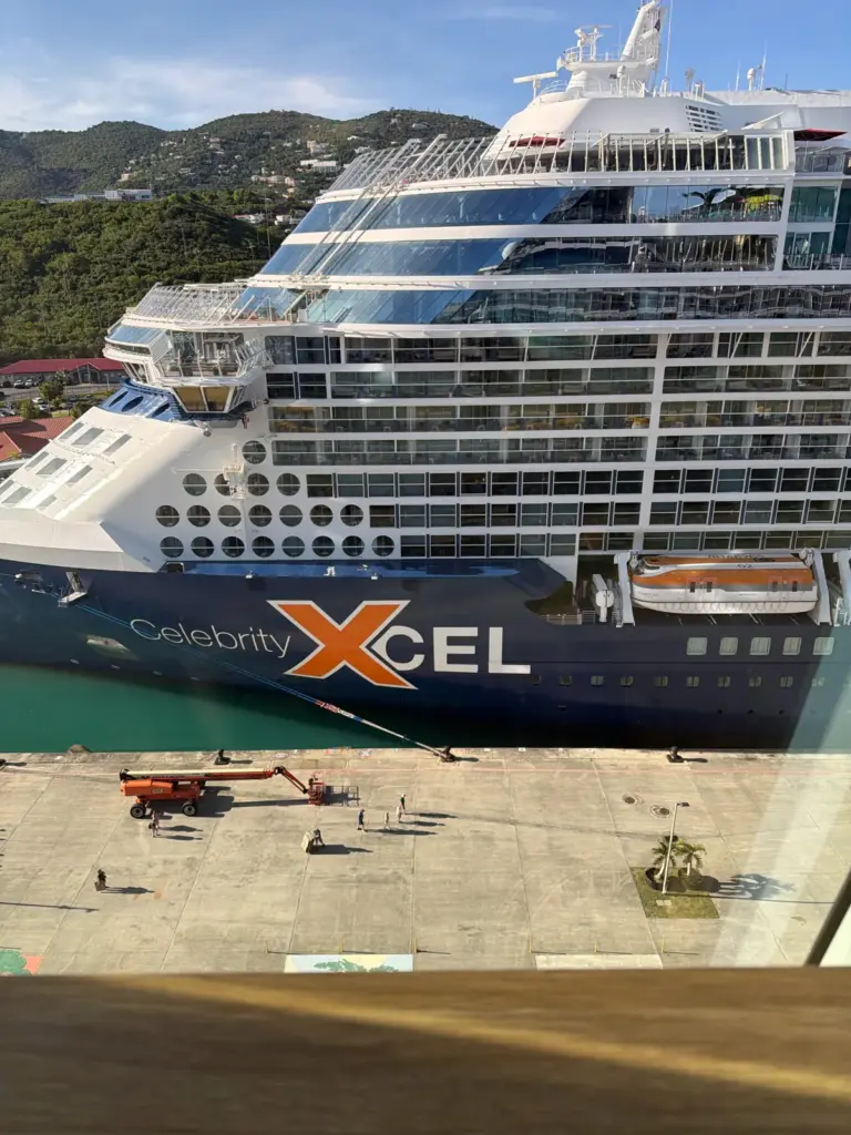 The Celebrity Xcel cruise ship docked at the pier in St. Thomas